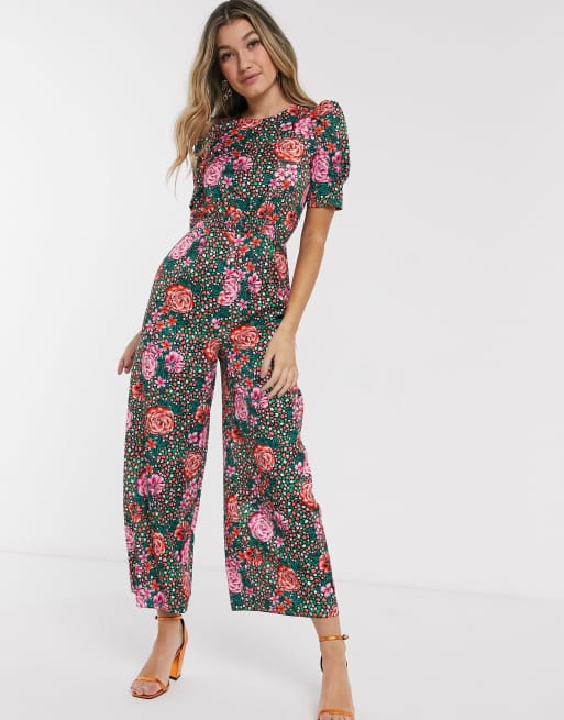 ASOS DESIGN satin tea jumpsuit with ruched front detail in floral print ASOS