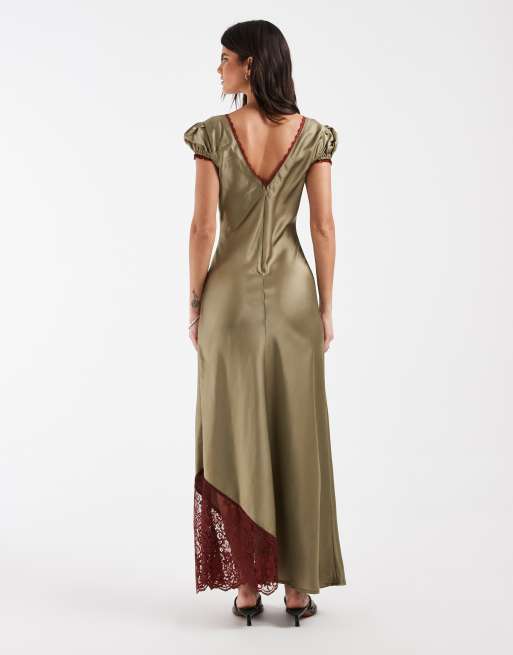 ASOS DESIGN satin tea maxikjole med kontrastblonde i oliven, 4 af 4