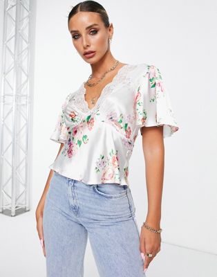 ASOS DESIGN satin tee blouse with lace trim neck in rose print