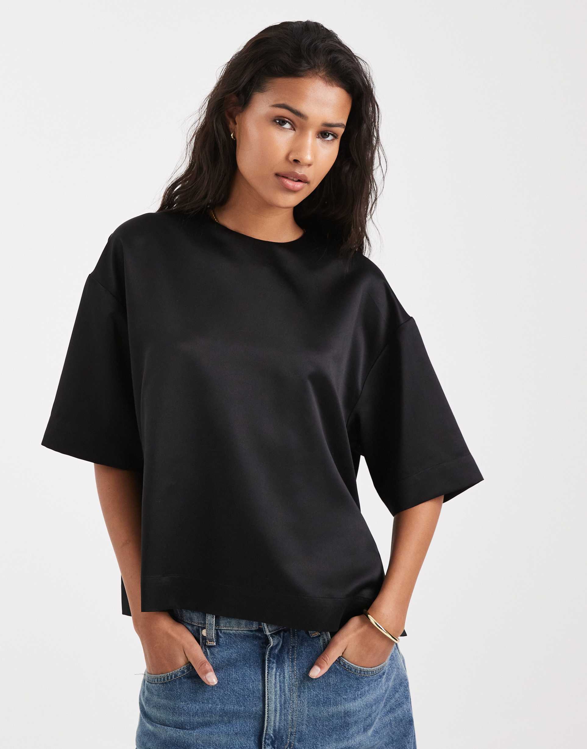 asos design satin tee in black