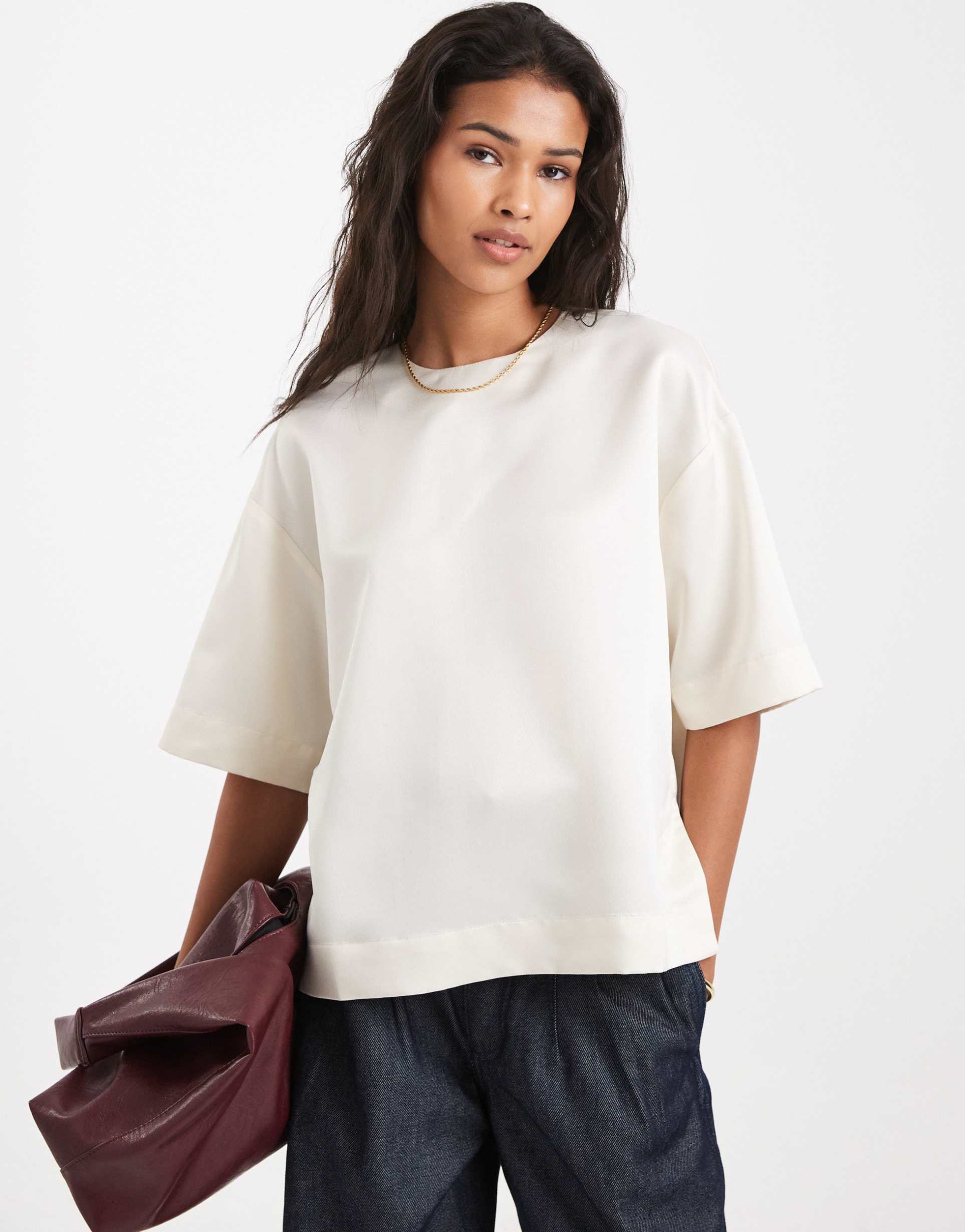 asos design satin tee in ivory