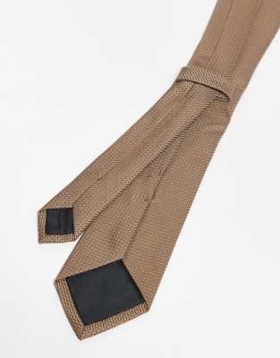 Asos Design Satin Textured Neck Tie And Pocket Square With Tie Bar In Brown