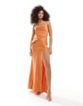 [ASOS DESIGN] ASOS DESIGN satin textured overlay maxi dress with open back detail in orange-Multi 8 Orange