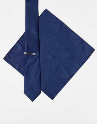 Asos Design Satin Textured Tie And Pocket Square In Blue