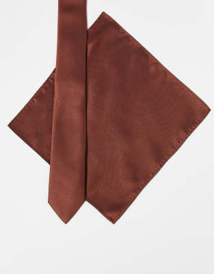 Asos Design Satin Tie And Pocket Square In Brown