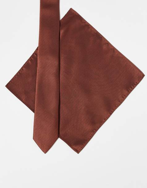 ASOS DESIGN satin tie and pocket square in brown - view 1