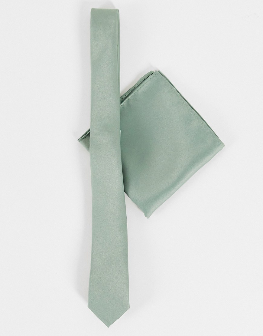 ASOS DESIGN satin tie and pocket square in sage green