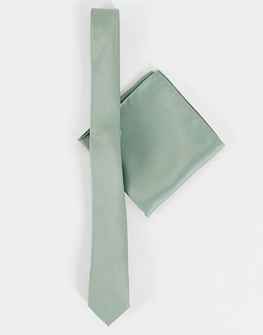 ASOS DESIGN slim satin tie and pocket square in sage green