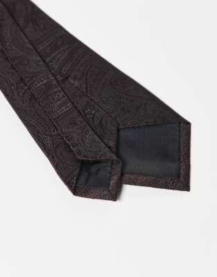 Asos Design Satin Tie And Pocket Square With Paisley Print In Brown