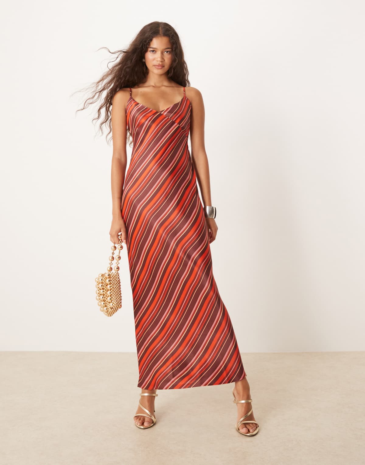 ASOS DESIGN satin tie back maxi dress in maroon stripe