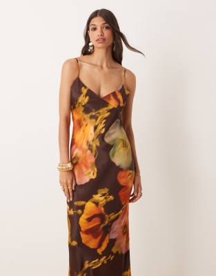 Asos Design Satin Tie Back Maxi Dress In Multi