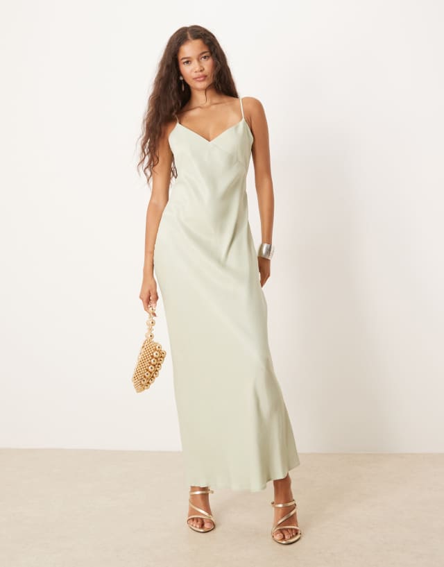 asos green satin maxi dress DESIGN tie back in sage Big Sleeve Midi Dress