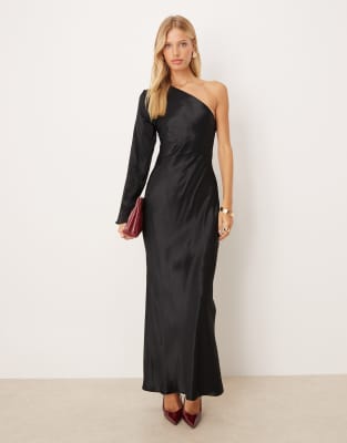 ASOS DESIGN satin tie back one shoulder maxi dress in black-Brown