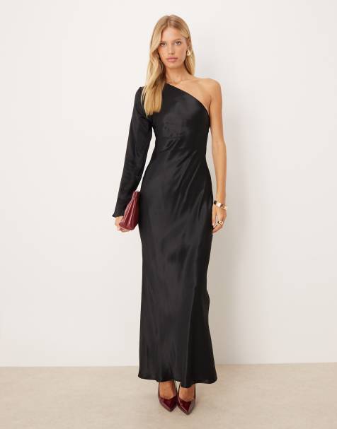 ASOS DESIGN satin tie back one shoulder maxi dress in black - view 1