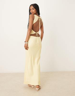 ASOS DESIGN satin tie back slash neck dress in buttermilk-Yellow