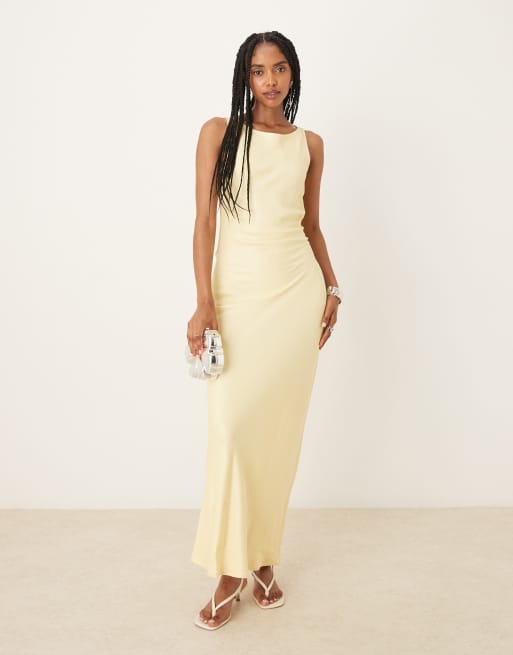 ASOS DESIGN satin tie back slash neck dress in buttermilk