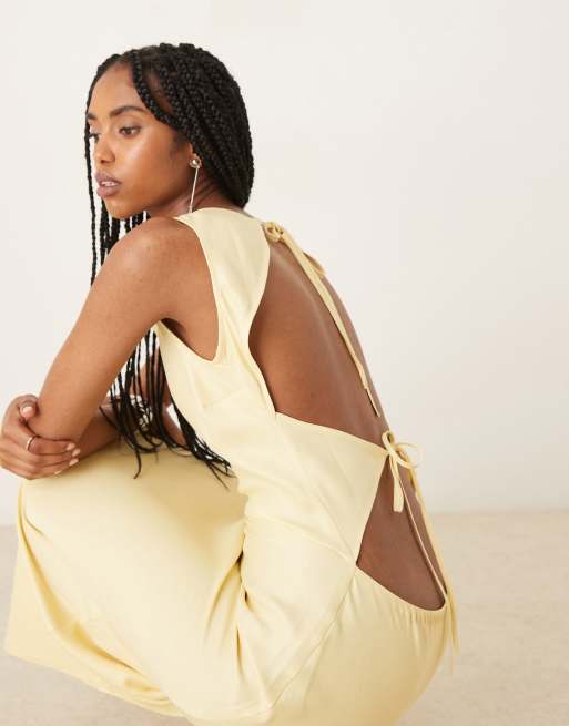ASOS DESIGN satin tie back slash neck dress in buttermilk
