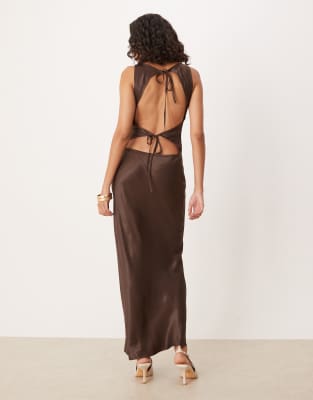 Asos Design Satin Tie Back Slash Neck Dress In Brown