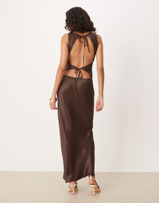 ASOS DESIGN satin tie back slash neck dress in chocolate