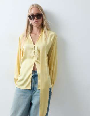 Asos Design Satin Tie Cuff Tie Neck Button Down Blouse In Yellow