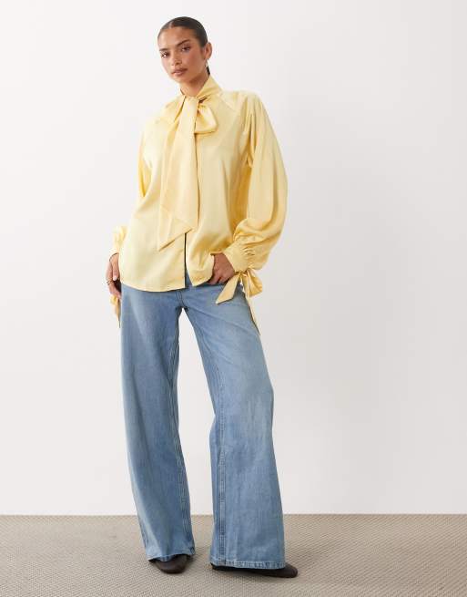ASOS DESIGN satin tie cuff tie neck button down blouse in buttermilk, 2 of 4
