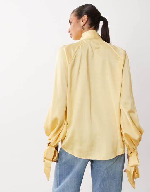 ASOS DESIGN satin tie cuff tie neck button down blouse in buttermilk, 4 of 4