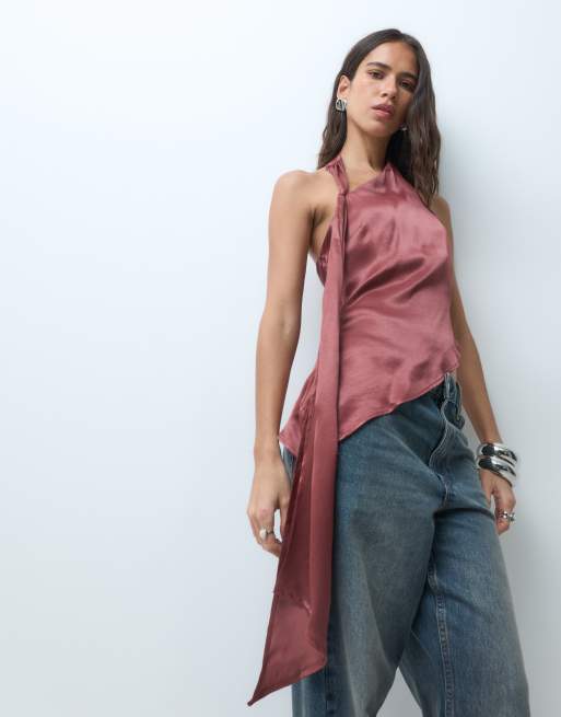 ASOS DESIGN satin tie detail asymm halter top in chocolate, 3 of 5