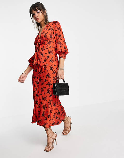 Dresses satin tie front midi dress with button detail in red floral print 