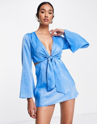 ASOS DESIGN satin tie front mini dress with fluted sleeve in blue