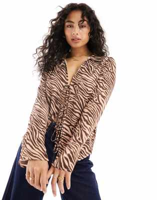 Asos Design Satin Tie Front Shirt In Animal Print-multi