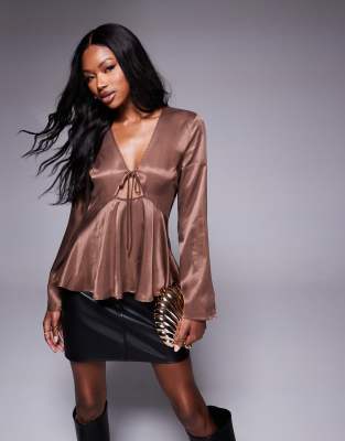 Asos Design Satin Tie Front Top In Brown