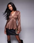 [ASOS DESIGN] ASOS DESIGN satin tie front top in brown 12 brown