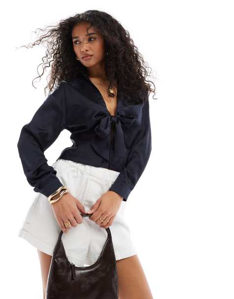 ASOS DESIGN satin tie front top in navy - view 1
