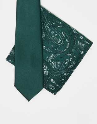 satin tie in forest green with paisley pocket square