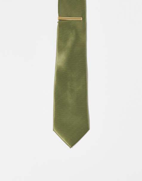 ASOS DESIGN satin tie in green with tie bar - view 1