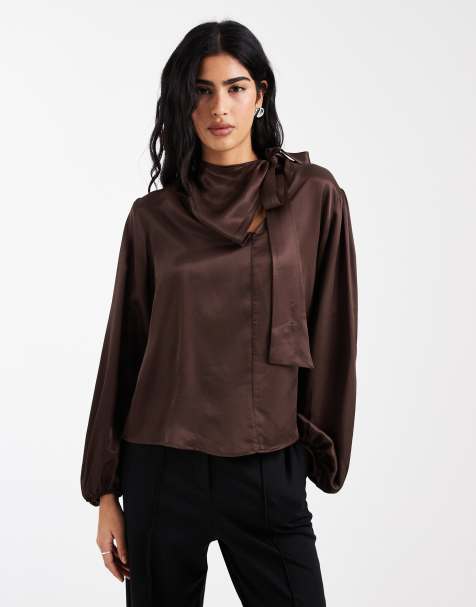 ASOS DESIGN satin tie neck blouse in chocolate brown - view 1