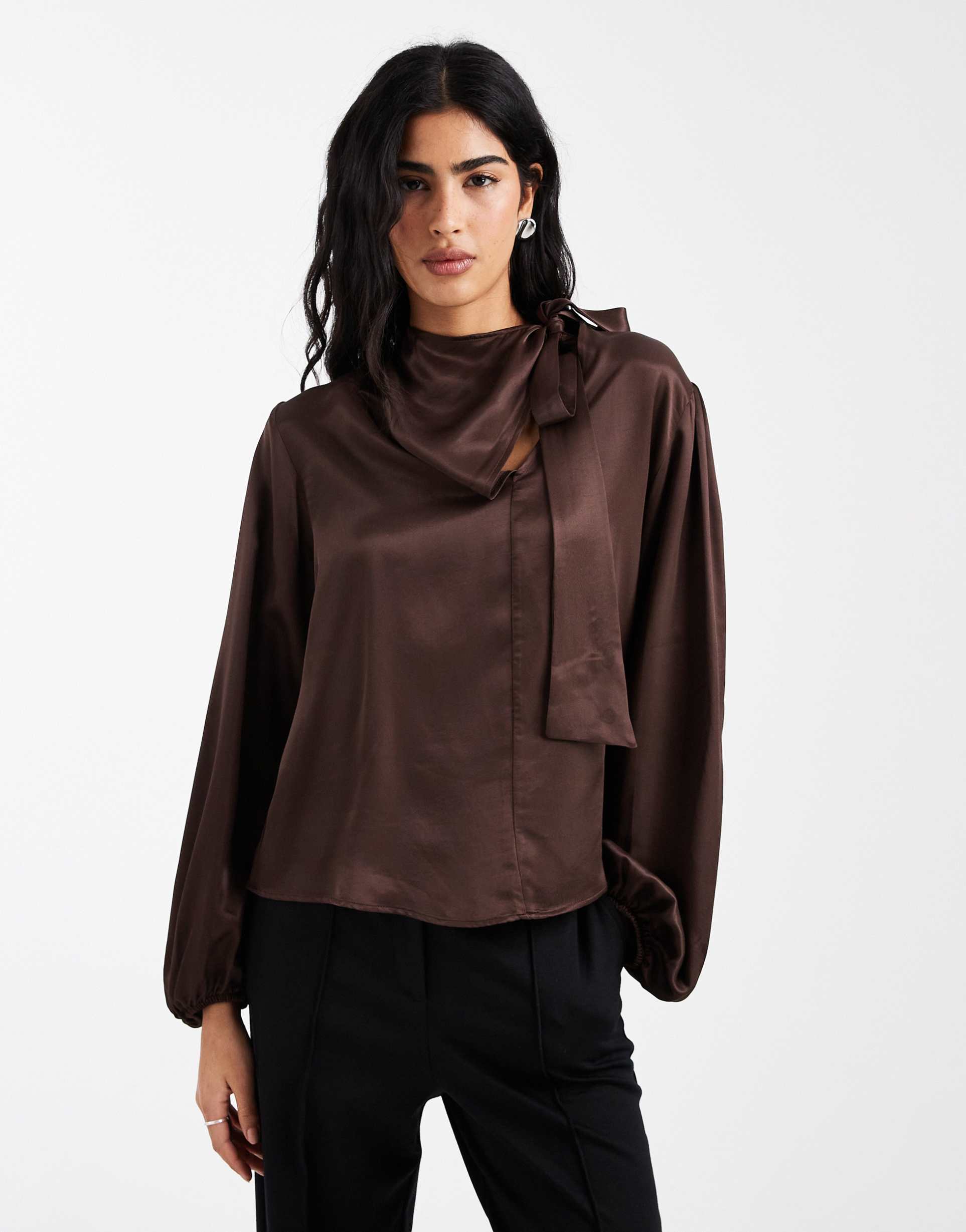 asos design satin tie neck blouse in chocolate brown
