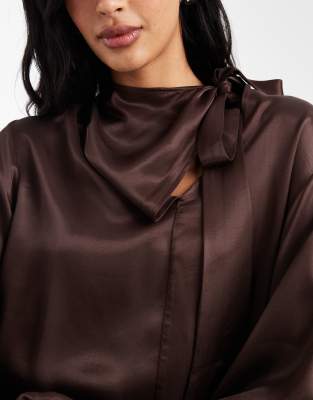 Asos Design Satin Tie Neck Blouse In Brown