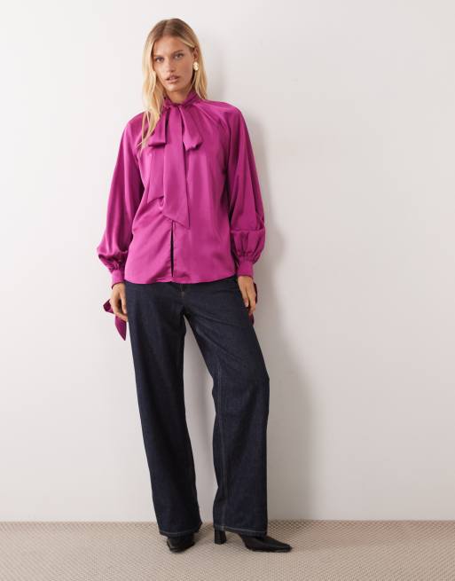 ASOS DESIGN satin tie neck button down blouse in magenta, 2 of 4