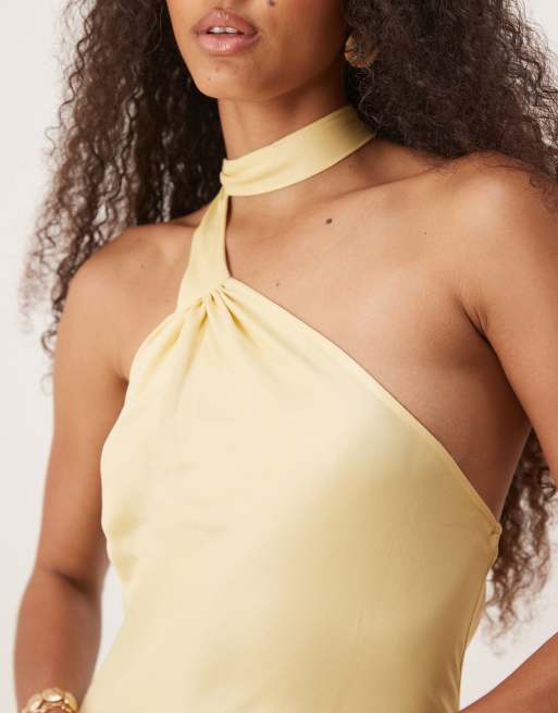 ASOS DESIGN satin tie neck detail maxi slip dress in buttermilk