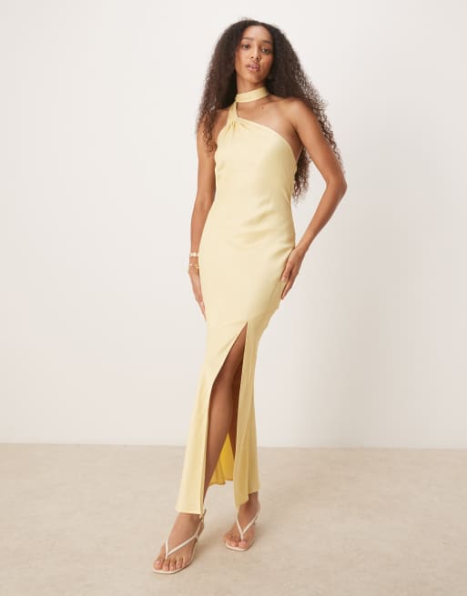 ASOS DESIGN satin tie neck detail maxi slip dress in buttermilk