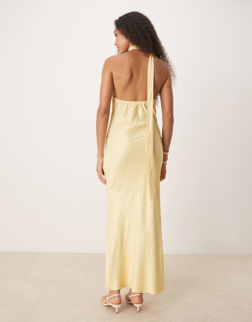 ASOS DESIGN satin tie neck detail maxi slip dress in buttermilk