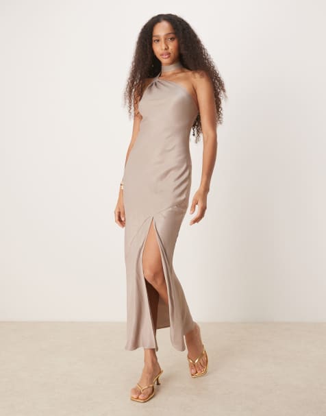 ASOS DESIGN satin tie neck detail maxi slip dress in mushroom - view 1
