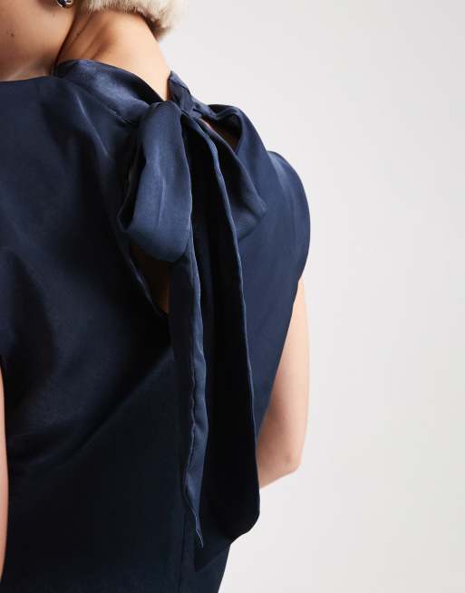 ASOS DESIGN satin tie neck detail top in navy - part of a set, 2 of 4