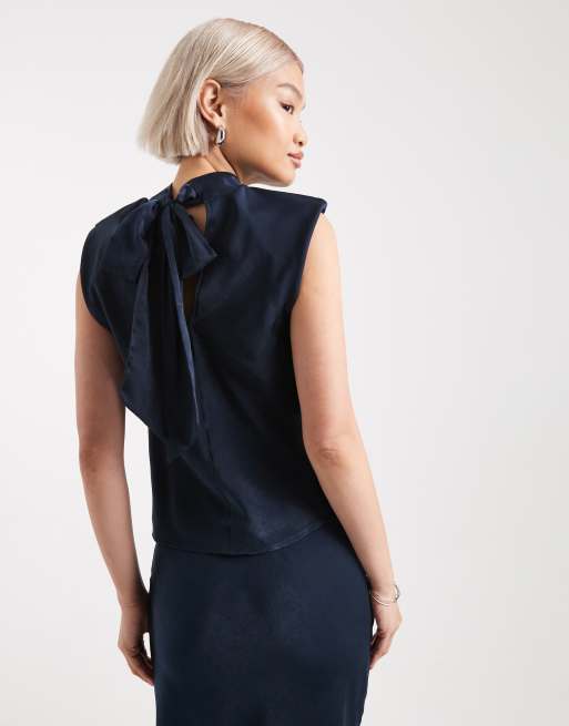 ASOS DESIGN satin tie neck detail top in navy - part of a set, 4 of 4