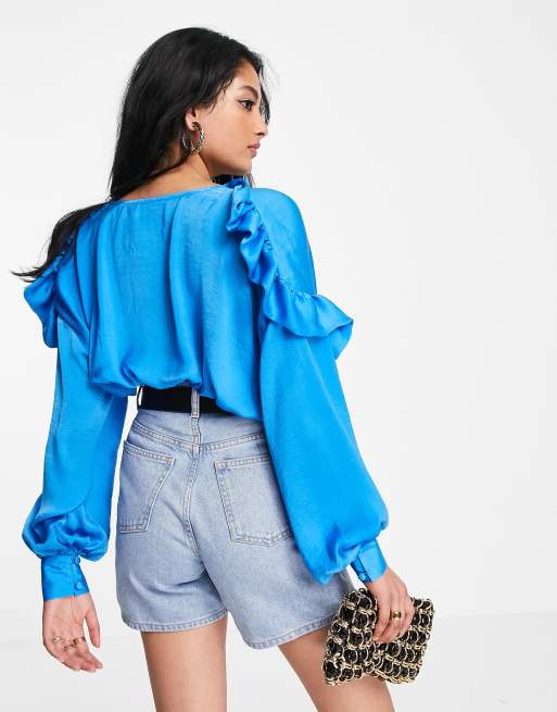 ASOS DESIGN satin tie neck ruffle sleeve blouse with ruched side in bright  blue | ASOS