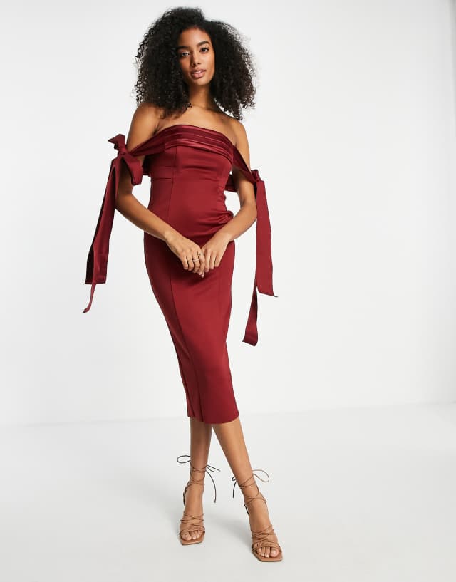 ASOS DESIGN satin tie off shoulder seamed pencil midi dress in oxblood