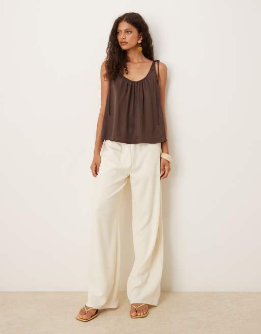 ASOS DESIGN satin tie shoulder cami top in chocolate, 3 of 4