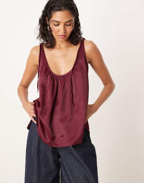 ASOS DESIGN satin tie shoulder cami top in plum - view 1