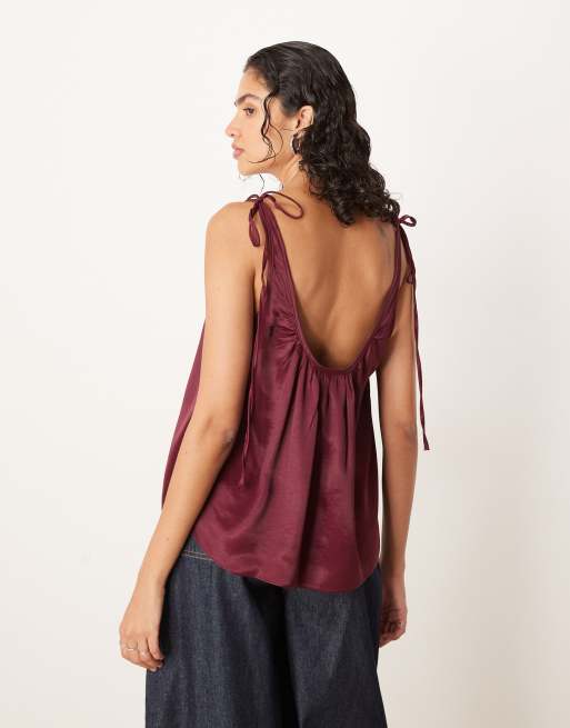 ASOS DESIGN satin tie shoulder cami top in plum